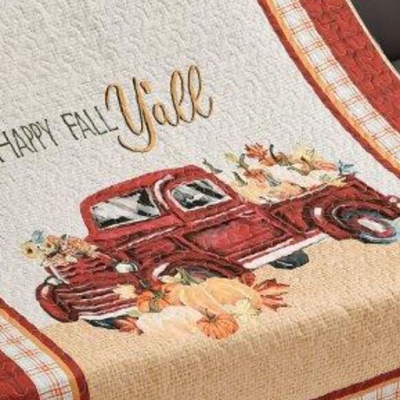 Farmhouse Fall Red Truck Quilted Throw Blanket Autumn Pumpkin Thanksgiving - Picture 2 of 2